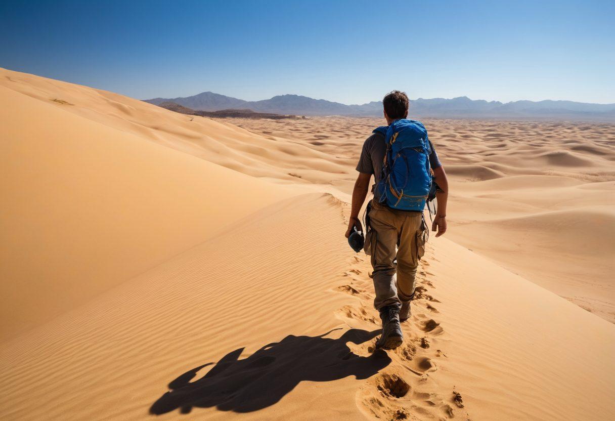 A seasoned adventurer training in a vast, sun-scorched desert with towering sand dunes and a blazing sun overhead, performing intense exercises like running up dunes, practicing survival skills, and staying hydrated with a small water bottle. Include a close-up of rugged equipment and a distant mirage for added effect. super-realistic. vibrant colors.