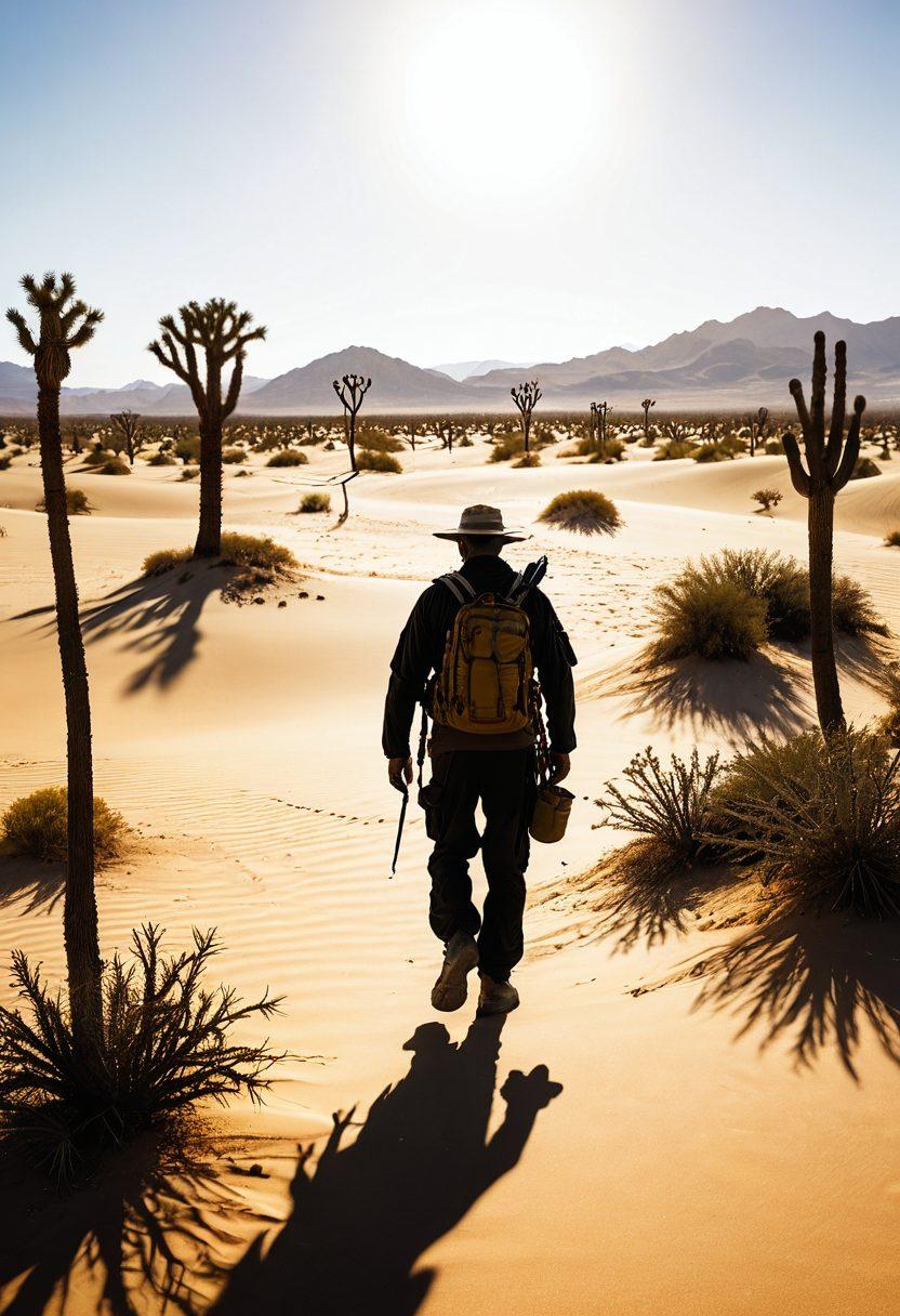 A lone survivalist navigating a vast, arid desert landscape, equipped with essential gear like a canteen, compass, and makeshift sun shelter, with a backdrop of rolling dunes and a scorching sun overhead. He is scavenging for resources, and there are cacti and sparse vegetation around. Realistic details showing heatwaves in the distance and an oasis in the background. super-realistic. vibrant colors.