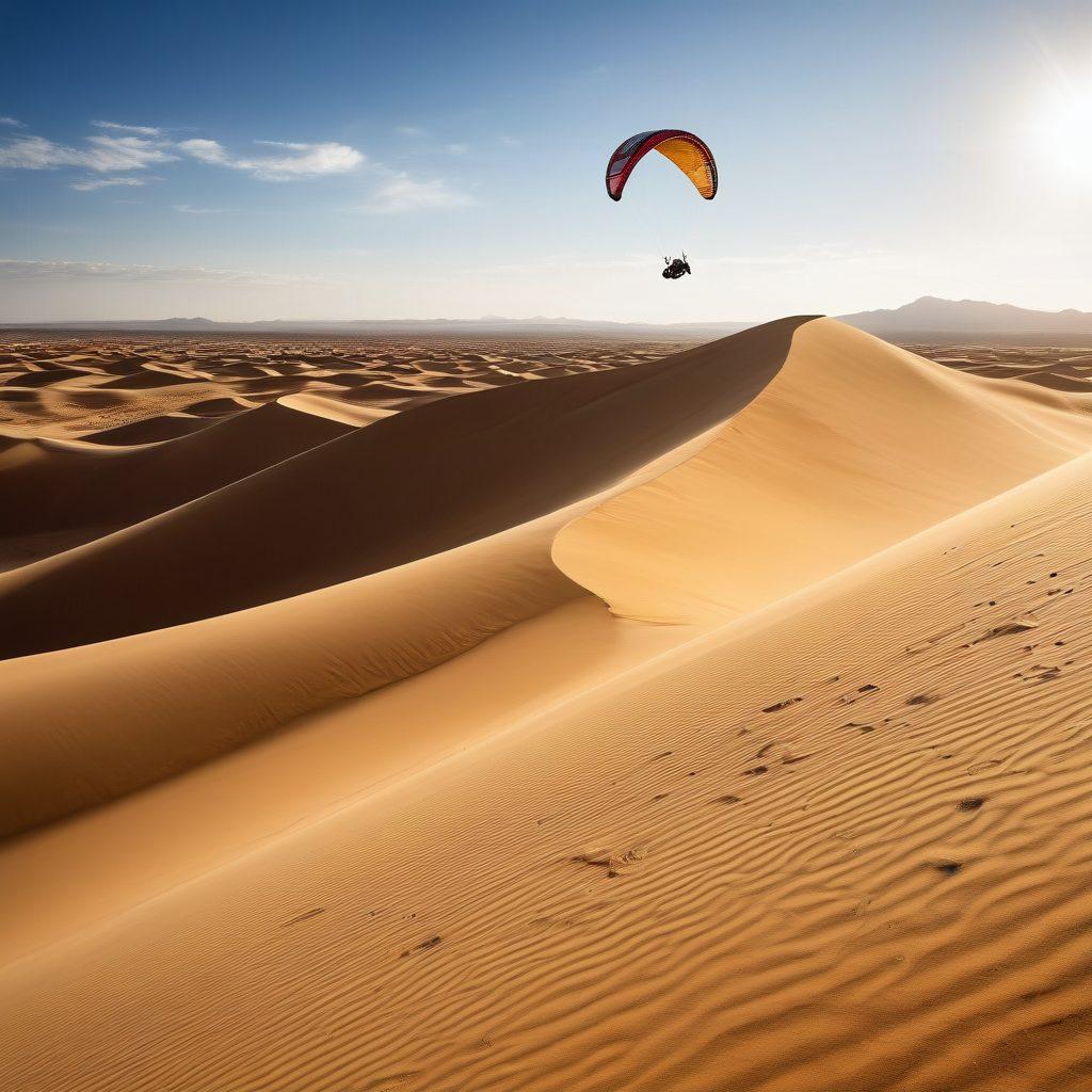 An action-packed desert scene with athletes engaged in various extreme sports like sandboarding, dune bashing, and paragliding. Emphasize the rugged terrain with golden dunes, intense sunlight, and essential gear like helmets, goggles, and hydration packs. Highlight a survival kit tucked away in the corner. Epic and dynamic composition with an adventurous spirit. super-realistic. vibrant colors.